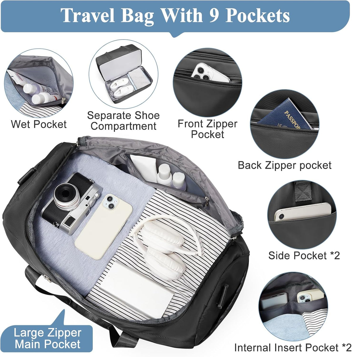 Travel Duffel Bag,Carry-On Overnight Weekender Bags with Shoes Compartment | Travel Bag with Wet Pocket & Luggage Sleeve, For Spirit Airlines 18x14x8 Personal Item Bag,Small,Black & Brown