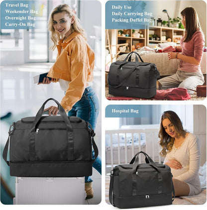 Travel Duffel Bag,Carry-On Overnight Weekender Bags with Shoes Compartment | Travel Bag with Wet Pocket & Luggage Sleeve, For Spirit Airlines 18x14x8 Personal Item Bag,Small,Black & Brown