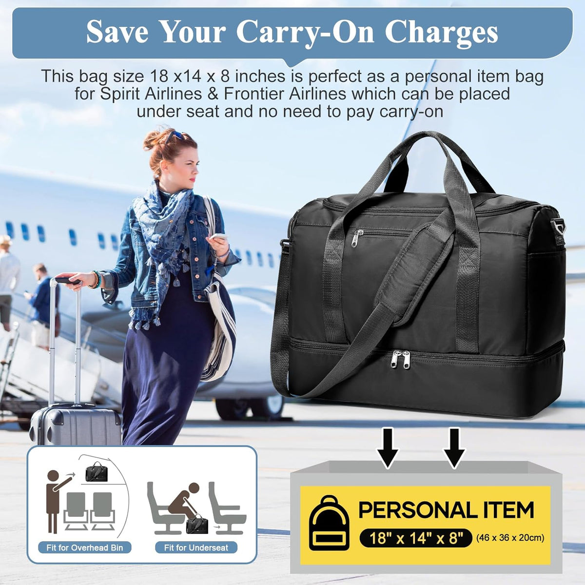 Travel Duffel Bag,Carry-On Overnight Weekender Bags with Shoes Compartment | Travel Bag with Wet Pocket & Luggage Sleeve, For Spirit Airlines 18x14x8 Personal Item Bag,Small,Black & Brown