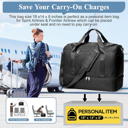 Travel Duffel Bag,Carry-On Overnight Weekender Bags with Shoes Compartment | Travel Bag with Wet Pocket & Luggage Sleeve, For Spirit Airlines 18x14x8 Personal Item Bag,Small,Black & Brown