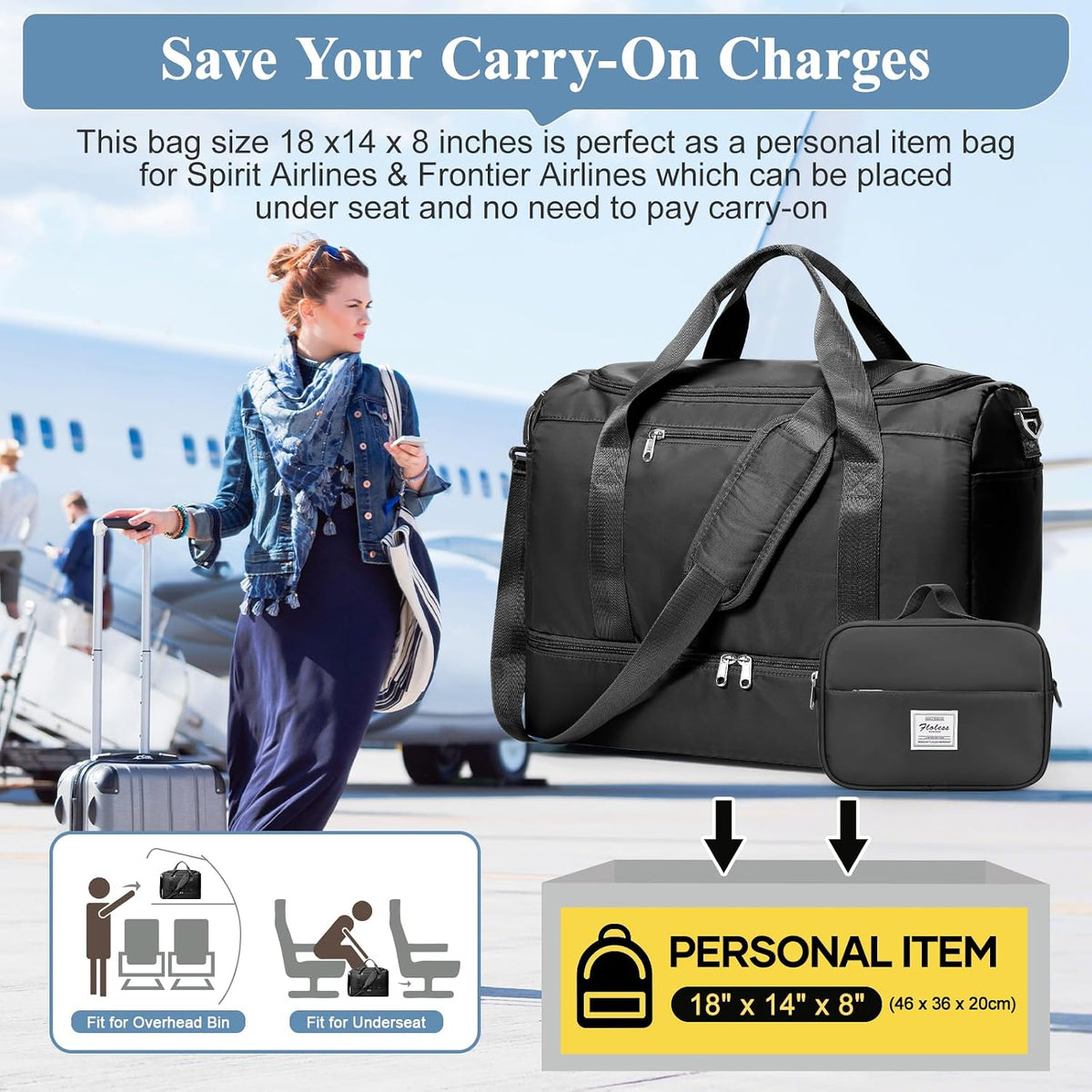 Travel Duffel Bag,Carry-On Overnight Weekender Bags with Shoes Compartment | Travel Bag with Wet Pocket & Luggage Sleeve, For Spirit Airlines 18x14x8 Personal Item Bag,Small,Black & Brown