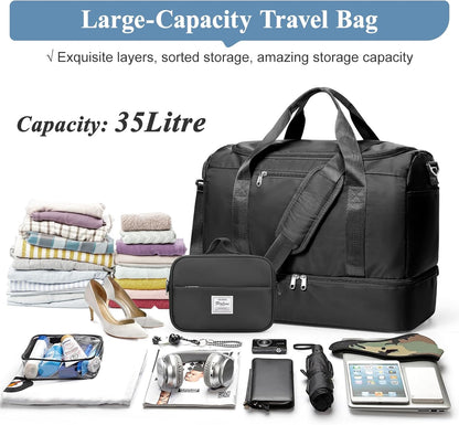 Travel Duffel Bag,Carry-On Overnight Weekender Bags with Shoes Compartment | Travel Bag with Wet Pocket & Luggage Sleeve, For Spirit Airlines 18x14x8 Personal Item Bag,Small,Black & Brown
