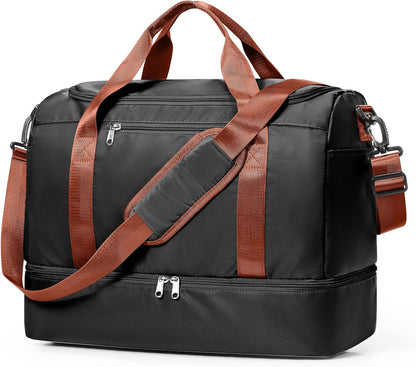 Travel Duffel Bag,Carry-On Overnight Weekender Bags with Shoes Compartment | Travel Bag with Wet Pocket & Luggage Sleeve, For Spirit Airlines 18x14x8 Personal Item Bag,Small,Black & Brown