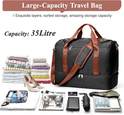 Travel Duffel Bag,Carry-On Overnight Weekender Bags with Shoes Compartment | Travel Bag with Wet Pocket & Luggage Sleeve, For Spirit Airlines 18x14x8 Personal Item Bag,Small,Black & Brown
