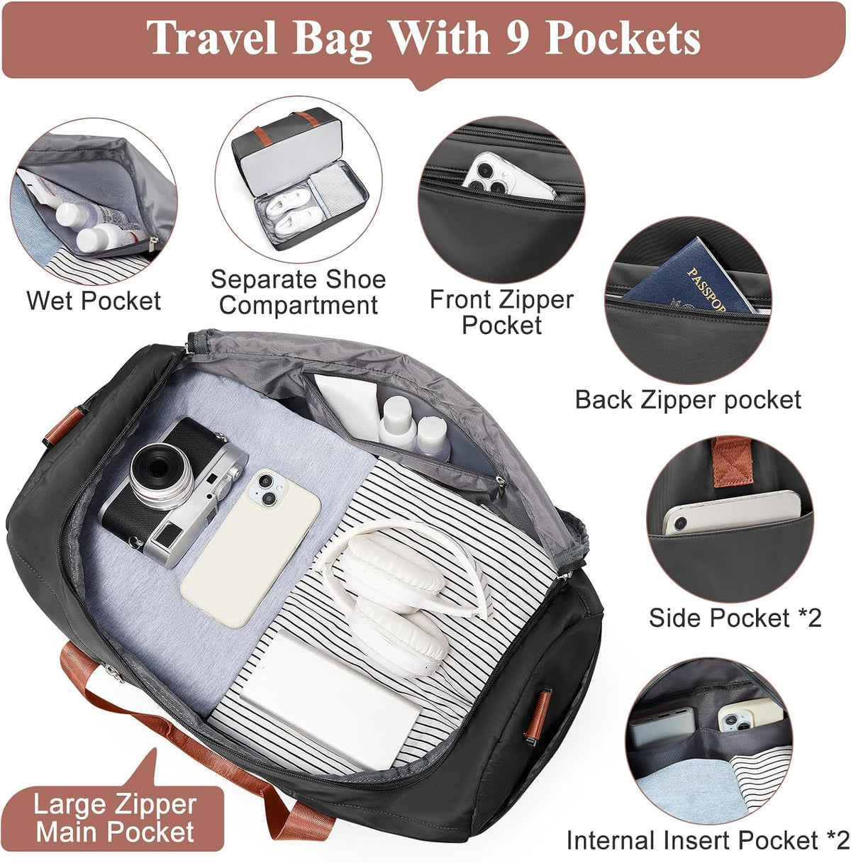 Travel Duffel Bag,Carry-On Overnight Weekender Bags with Shoes Compartment | Travel Bag with Wet Pocket & Luggage Sleeve, For Spirit Airlines 18x14x8 Personal Item Bag,Small,Black & Brown