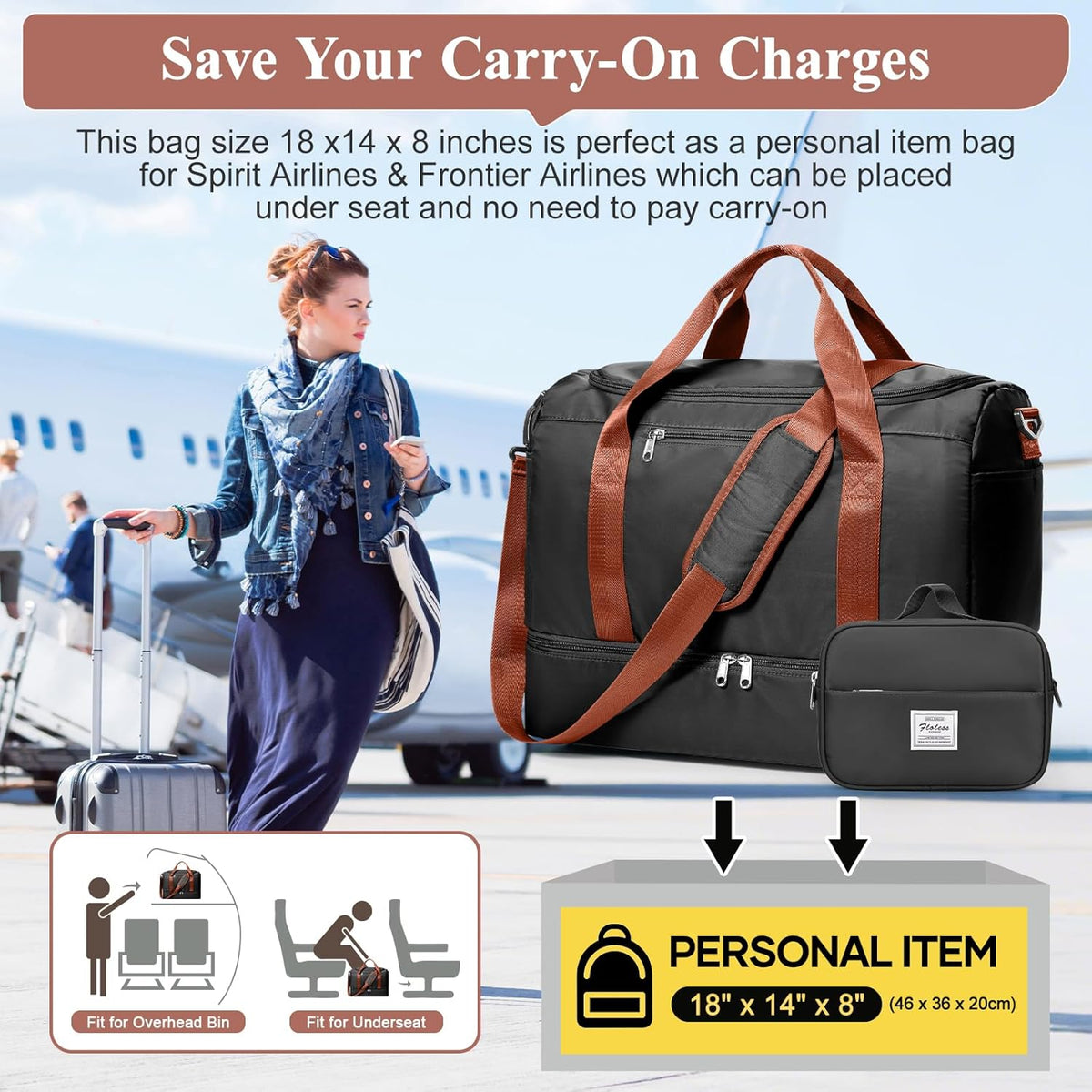 Travel Duffel Bag,Carry-On Overnight Weekender Bags with Shoes Compartment | Travel Bag with Wet Pocket & Luggage Sleeve, For Spirit Airlines 18x14x8 Personal Item Bag,Small,Black & Brown