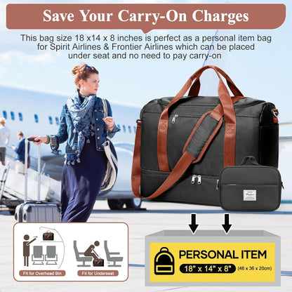 Travel Duffel Bag,Carry-On Overnight Weekender Bags with Shoes Compartment | Travel Bag with Wet Pocket & Luggage Sleeve, For Spirit Airlines 18x14x8 Personal Item Bag,Small,Black & Brown