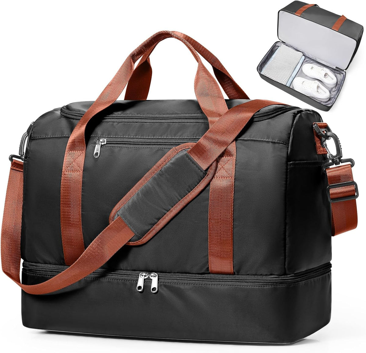 Travel Duffel Bag,Carry-On Overnight Weekender Bags with Shoes Compartment | Travel Bag with Wet Pocket & Luggage Sleeve, For Spirit Airlines 18x14x8 Personal Item Bag,Small,Black & Brown