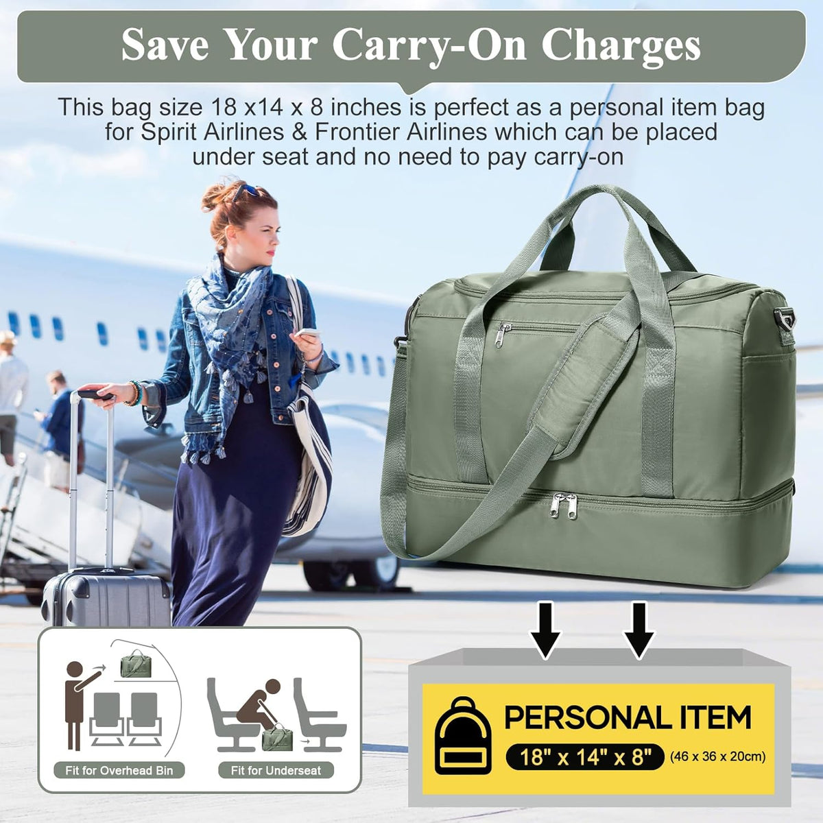 Travel Duffel Bag,Carry-On Overnight Weekender Bags with Shoes Compartment | Travel Bag with Wet Pocket & Luggage Sleeve, For Spirit Airlines 18x14x8 Personal Item Bag,Small,Black & Brown
