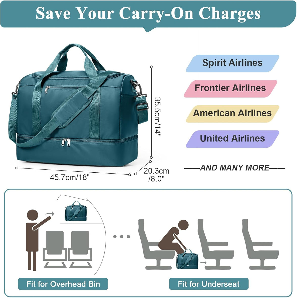 Travel Duffel Bag,Carry-On Overnight Weekender Bags with Shoes Compartment | Travel Bag with Wet Pocket & Luggage Sleeve, For Spirit Airlines 18x14x8 Personal Item Bag,Small,Black & Brown