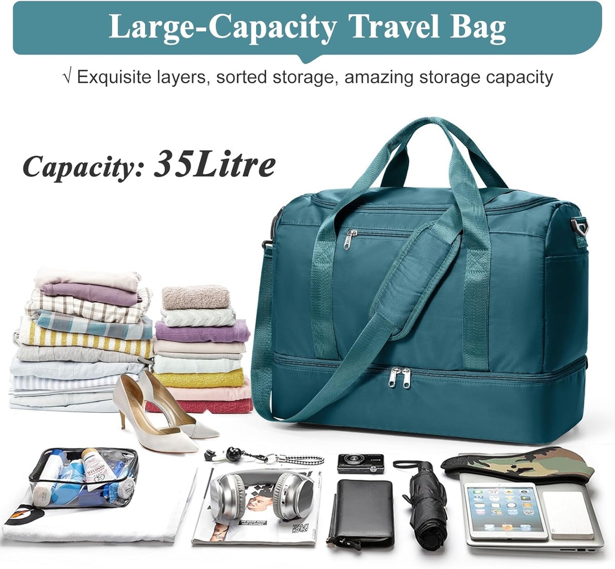 Travel Duffel Bag,Carry-On Overnight Weekender Bags with Shoes Compartment | Travel Bag with Wet Pocket & Luggage Sleeve, For Spirit Airlines 18x14x8 Personal Item Bag,Small,Black & Brown