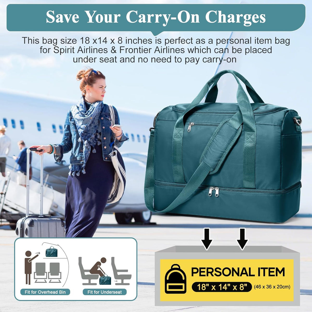 Travel Duffel Bag,Carry-On Overnight Weekender Bags with Shoes Compartment | Travel Bag with Wet Pocket & Luggage Sleeve, For Spirit Airlines 18x14x8 Personal Item Bag,Small,Black & Brown