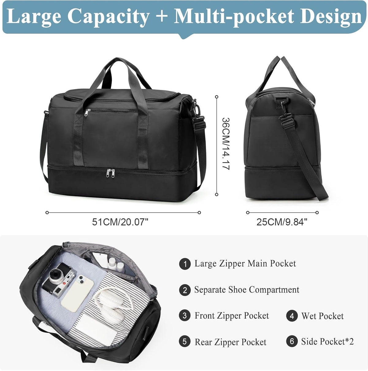 Travel Duffel Bag,Carry-On Overnight Weekender Bags with Shoes Compartment | Travel Bag with Wet Pocket & Luggage Sleeve, For Spirit Airlines 18x14x8 Personal Item Bag,Small,Black & Brown