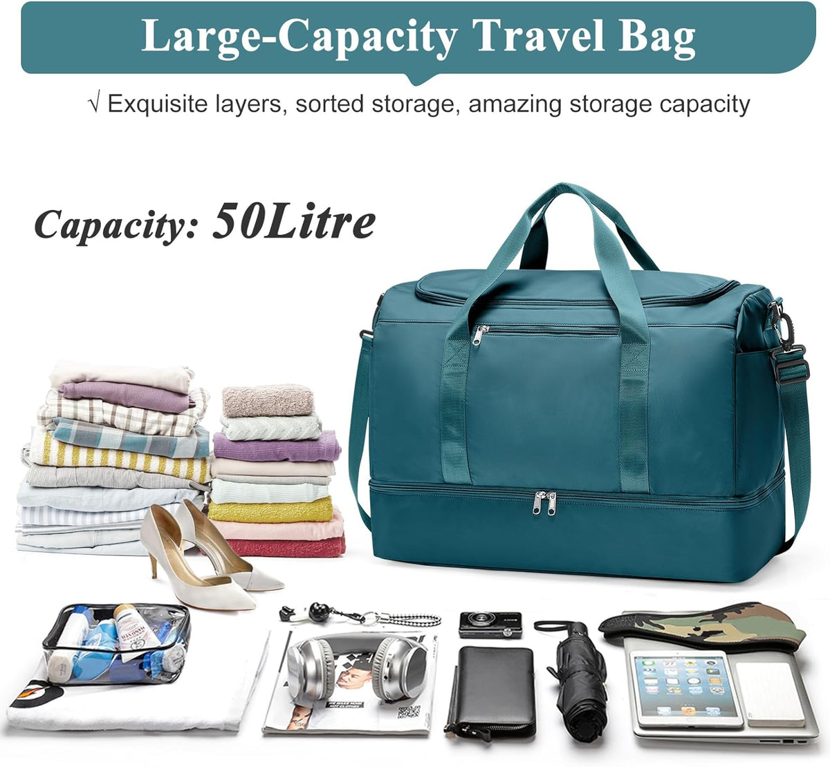 Travel Duffel Bag,Carry-On Overnight Weekender Bags with Shoes Compartment | Travel Bag with Wet Pocket & Luggage Sleeve, For Spirit Airlines 18x14x8 Personal Item Bag,Small,Black & Brown