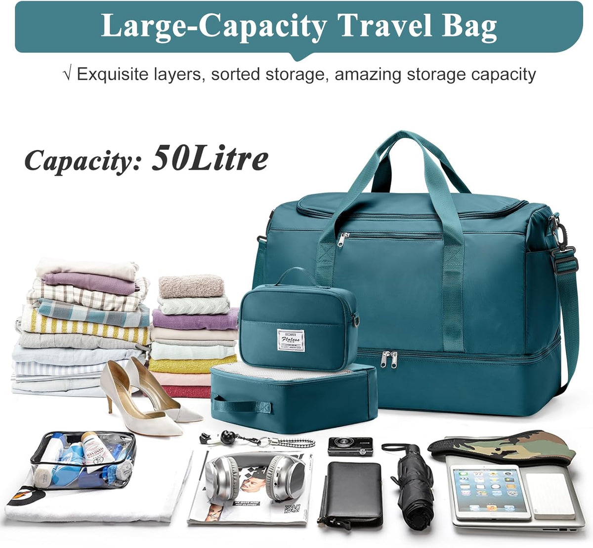 Travel Duffel Bag,Carry-On Overnight Weekender Bags with Shoes Compartment | Travel Bag with Wet Pocket & Luggage Sleeve, For Spirit Airlines 18x14x8 Personal Item Bag,Small,Black & Brown