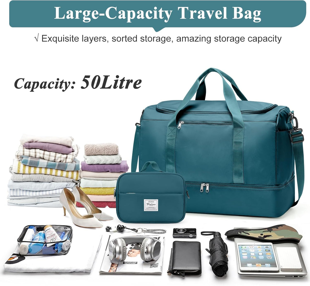 Travel Duffel Bag,Carry-On Overnight Weekender Bags with Shoes Compartment | Travel Bag with Wet Pocket & Luggage Sleeve, For Spirit Airlines 18x14x8 Personal Item Bag,Small,Black & Brown