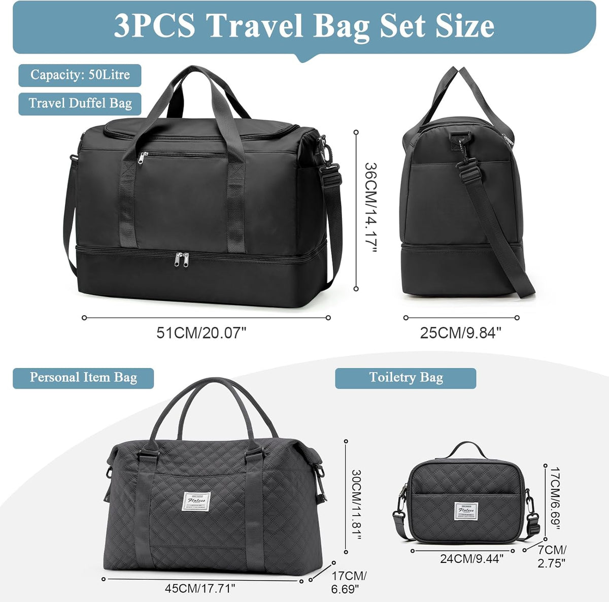 Travel Duffel Bag,Carry-On Overnight Weekender Bags with Shoes Compartment | Travel Bag with Wet Pocket & Luggage Sleeve, For Spirit Airlines 18x14x8 Personal Item Bag,Small,Black & Brown