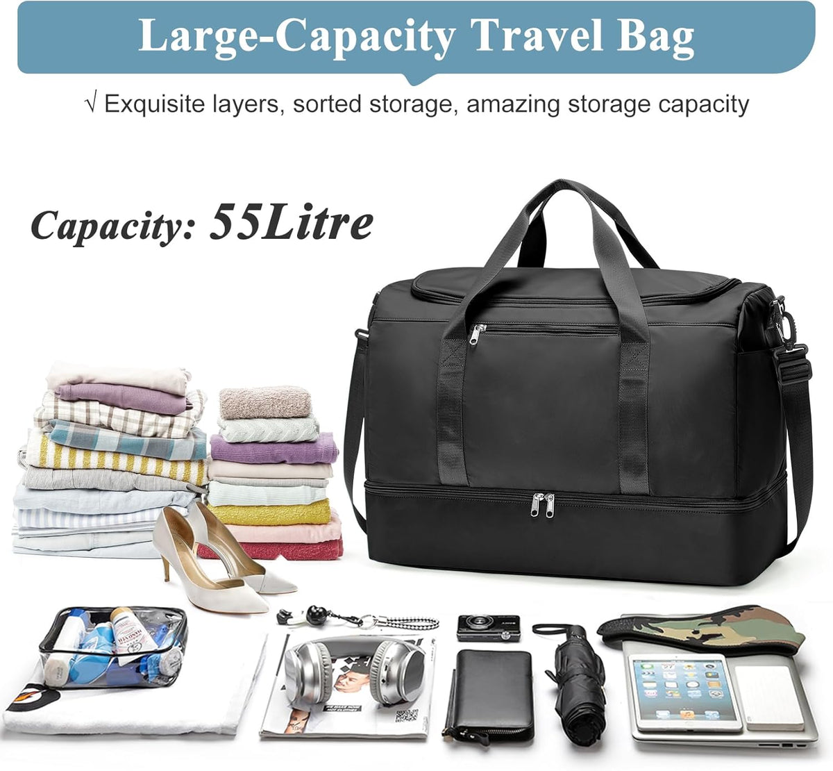 Travel Duffel Bag,Carry-On Overnight Weekender Bags with Shoes Compartment | Travel Bag with Wet Pocket & Luggage Sleeve, For Spirit Airlines 18x14x8 Personal Item Bag,Small,Black & Brown