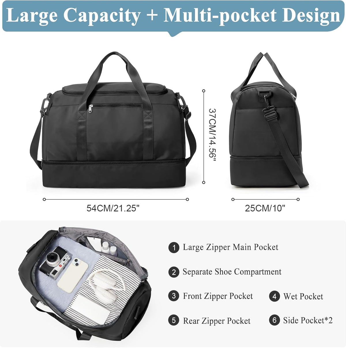 Travel Duffel Bag,Carry-On Overnight Weekender Bags with Shoes Compartment | Travel Bag with Wet Pocket & Luggage Sleeve, For Spirit Airlines 18x14x8 Personal Item Bag,Small,Black & Brown