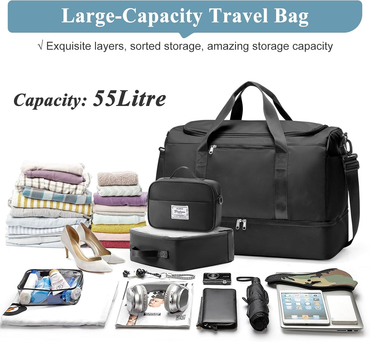 Travel Duffel Bag,Carry-On Overnight Weekender Bags with Shoes Compartment | Travel Bag with Wet Pocket & Luggage Sleeve, For Spirit Airlines 18x14x8 Personal Item Bag,Small,Black & Brown