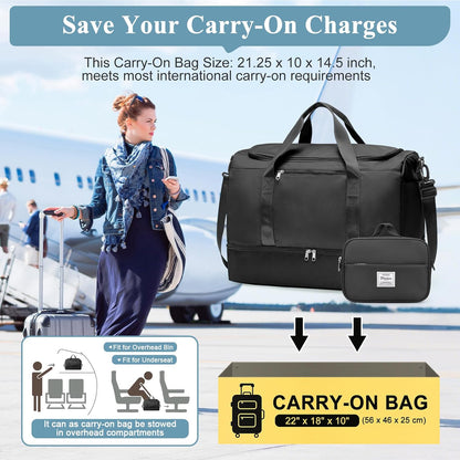 Travel Duffel Bag,Carry-On Overnight Weekender Bags with Shoes Compartment | Travel Bag with Wet Pocket & Luggage Sleeve, For Spirit Airlines 18x14x8 Personal Item Bag,Small,Black & Brown