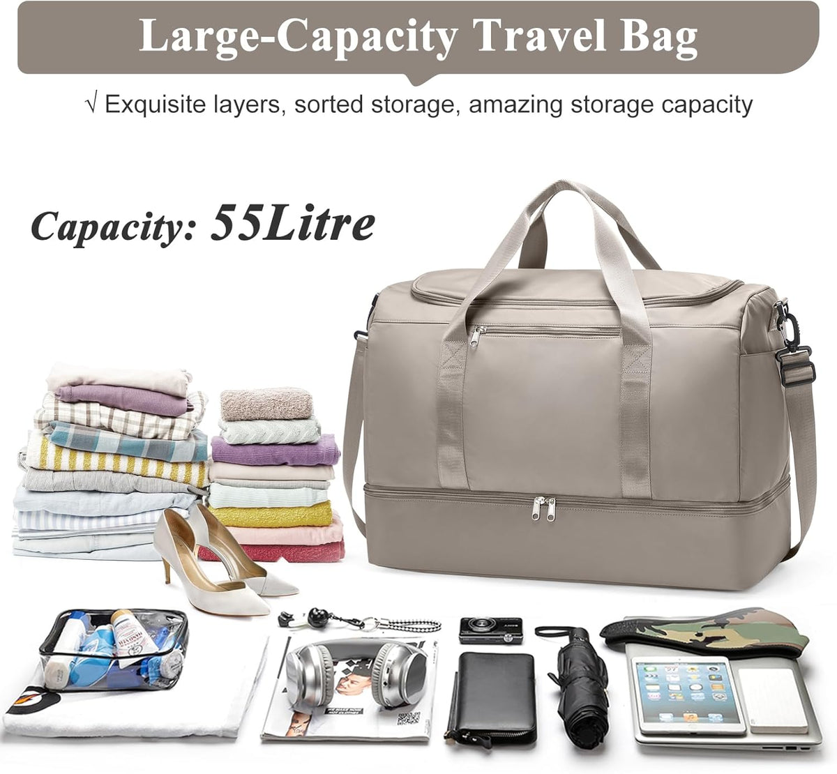 Travel Duffel Bag,Carry-On Overnight Weekender Bags with Shoes Compartment | Travel Bag with Wet Pocket & Luggage Sleeve, For Spirit Airlines 18x14x8 Personal Item Bag,Small,Black & Brown