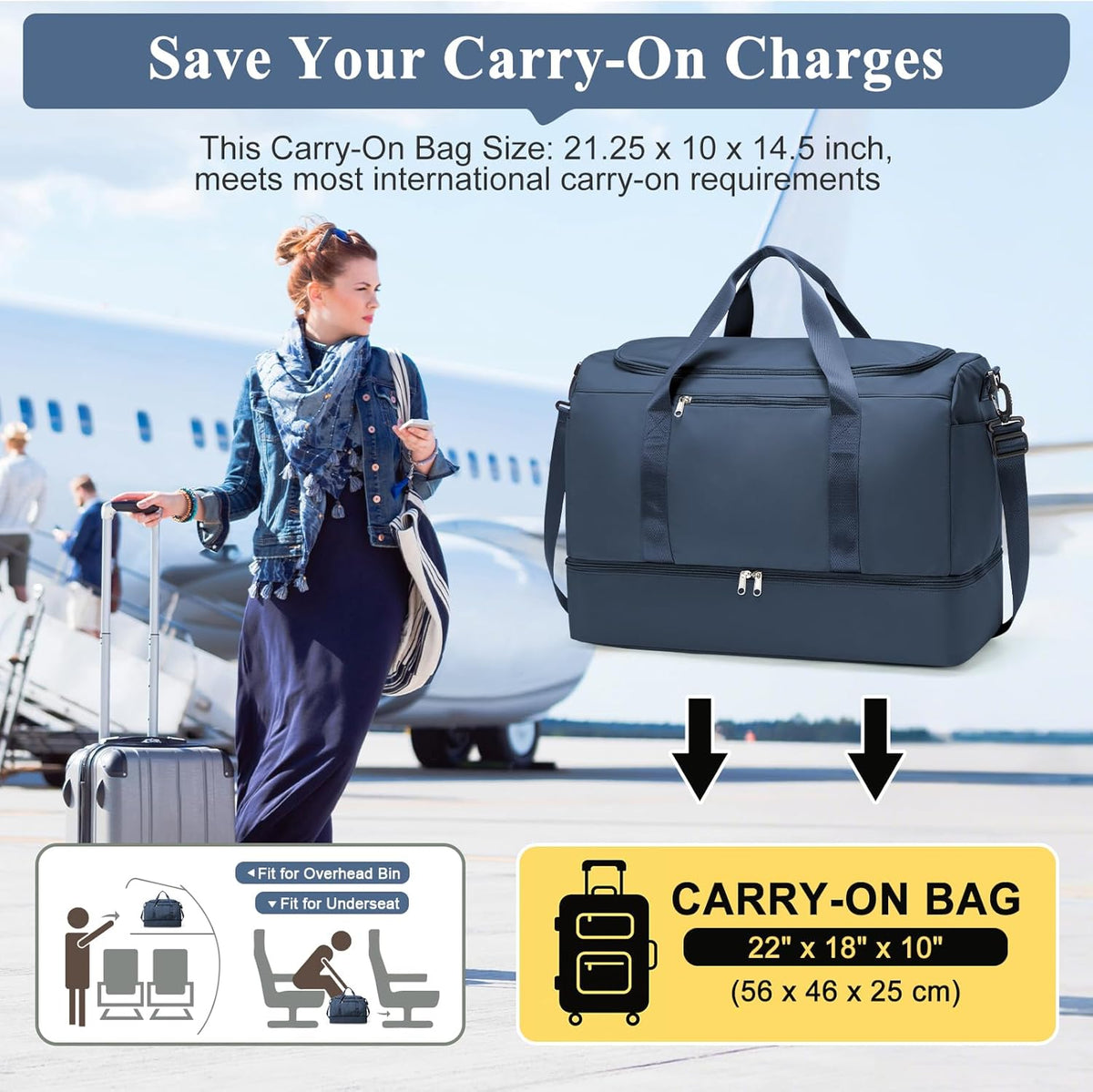 Travel Duffel Bag,Carry-On Overnight Weekender Bags with Shoes Compartment | Travel Bag with Wet Pocket & Luggage Sleeve, For Spirit Airlines 18x14x8 Personal Item Bag,Small,Black & Brown