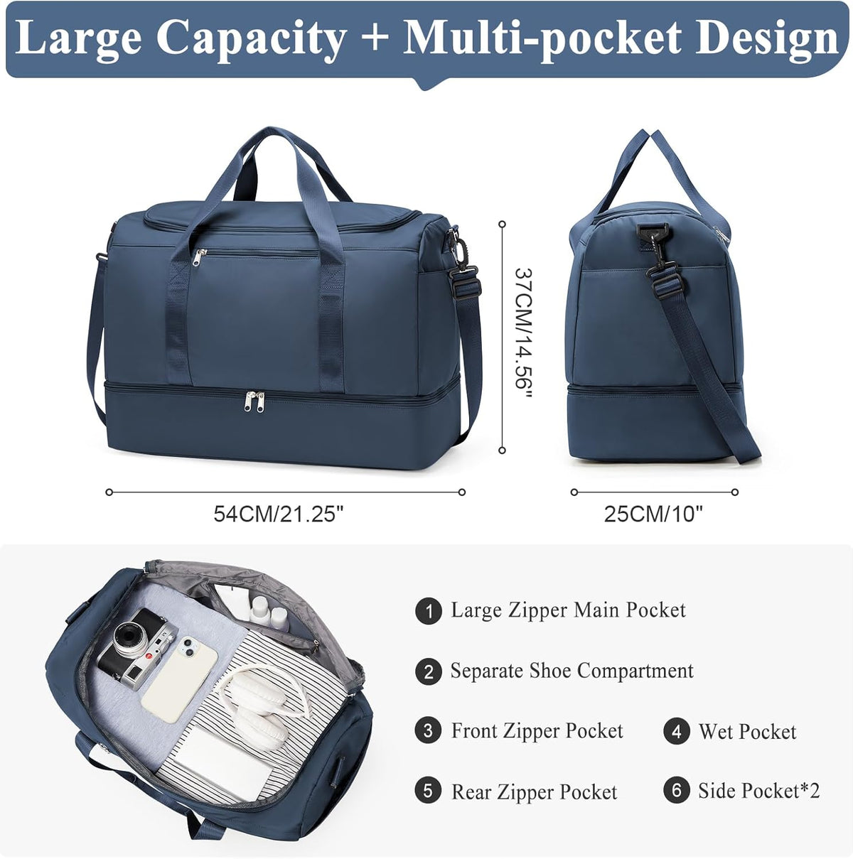 Travel Duffel Bag,Carry-On Overnight Weekender Bags with Shoes Compartment | Travel Bag with Wet Pocket & Luggage Sleeve, For Spirit Airlines 18x14x8 Personal Item Bag,Small,Black & Brown