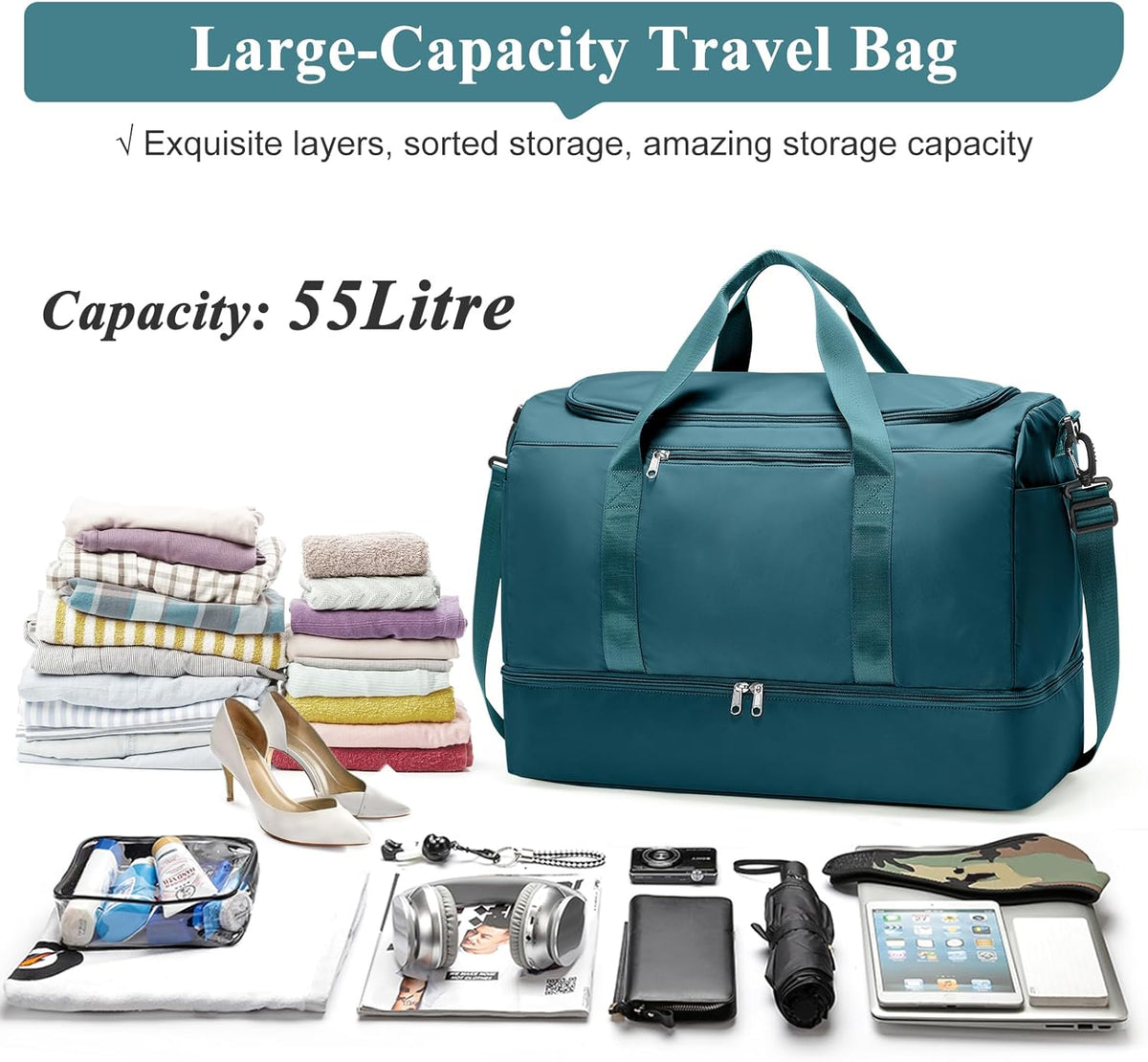 Travel Duffel Bag,Carry-On Overnight Weekender Bags with Shoes Compartment | Travel Bag with Wet Pocket & Luggage Sleeve, For Spirit Airlines 18x14x8 Personal Item Bag,Small,Black & Brown