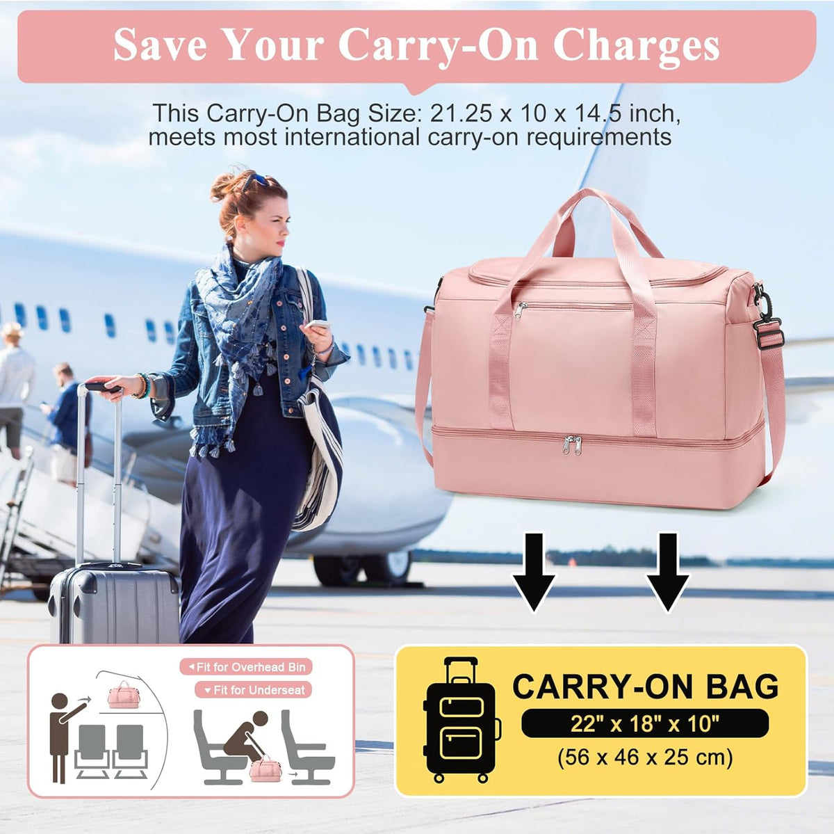 Travel Duffel Bag,Carry-On Overnight Weekender Bags with Shoes Compartment | Travel Bag with Wet Pocket & Luggage Sleeve, For Spirit Airlines 18x14x8 Personal Item Bag,Small,Black & Brown