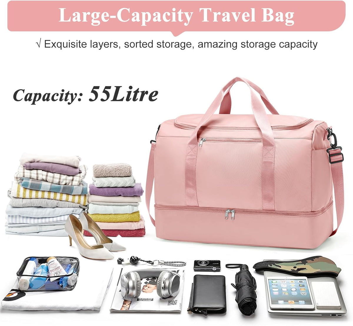 Travel Duffel Bag,Carry-On Overnight Weekender Bags with Shoes Compartment | Travel Bag with Wet Pocket & Luggage Sleeve, For Spirit Airlines 18x14x8 Personal Item Bag,Small,Black & Brown