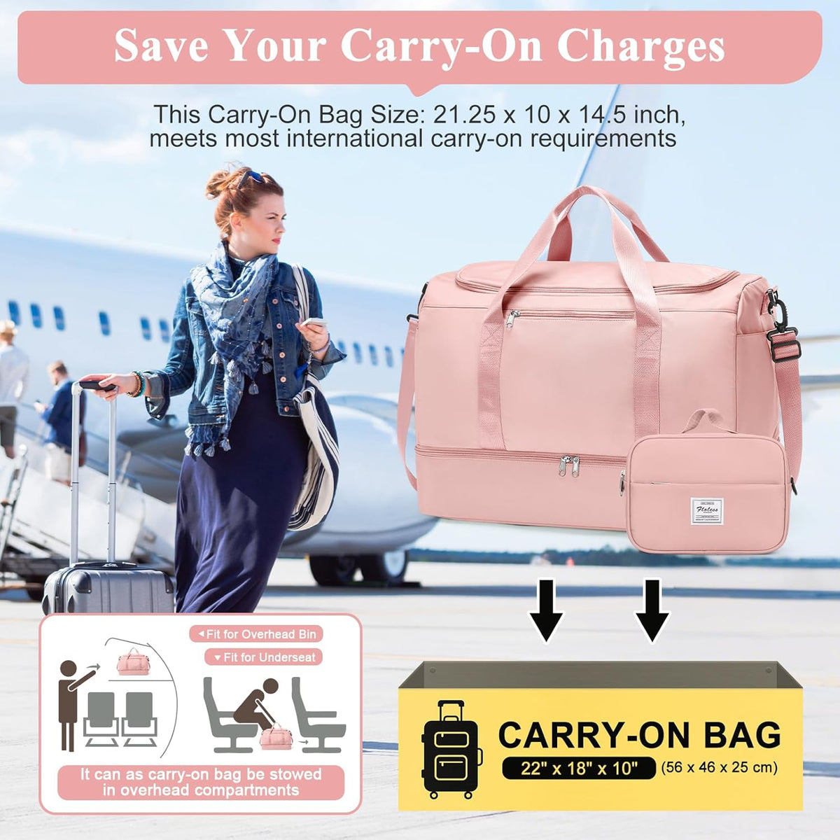 Travel Duffel Bag,Carry-On Overnight Weekender Bags with Shoes Compartment | Travel Bag with Wet Pocket & Luggage Sleeve, For Spirit Airlines 18x14x8 Personal Item Bag,Small,Black & Brown