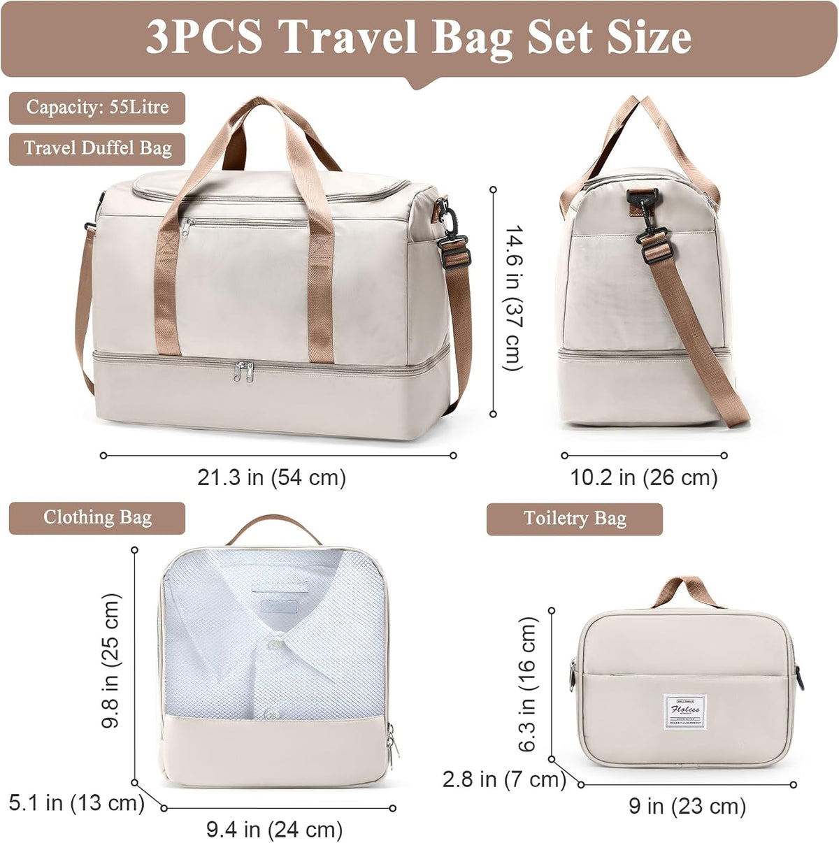 Travel Duffel Bag,Carry-On Overnight Weekender Bags with Shoes Compartment | Travel Bag with Wet Pocket & Luggage Sleeve, For Spirit Airlines 18x14x8 Personal Item Bag,Small,Black & Brown