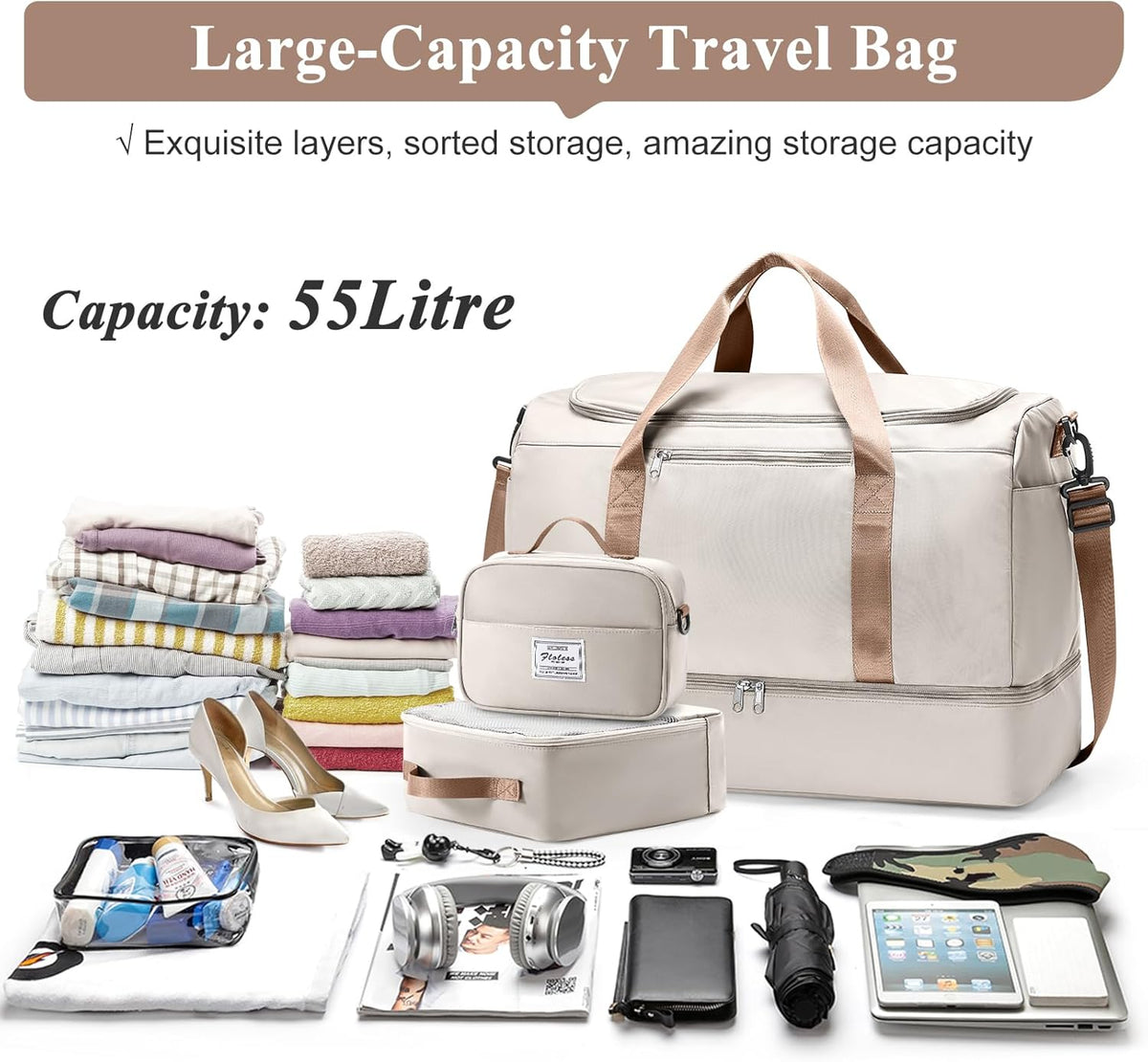Travel Duffel Bag,Carry-On Overnight Weekender Bags with Shoes Compartment | Travel Bag with Wet Pocket & Luggage Sleeve, For Spirit Airlines 18x14x8 Personal Item Bag,Small,Black & Brown