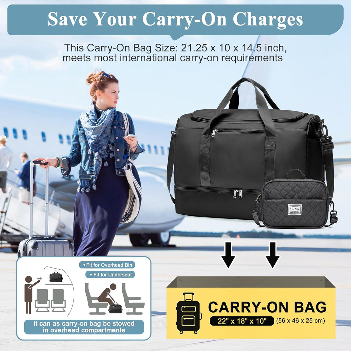 Travel Duffel Bag,Carry-On Overnight Weekender Bags with Shoes Compartment | Travel Bag with Wet Pocket & Luggage Sleeve, For Spirit Airlines 18x14x8 Personal Item Bag,Small,Black & Brown