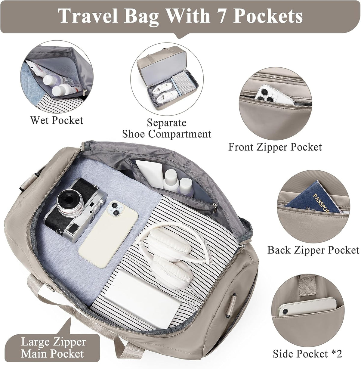 Travel Duffel Bag,Carry-On Overnight Weekender Bags with Shoes Compartment | Travel Bag with Wet Pocket & Luggage Sleeve, For Spirit Airlines 18x14x8 Personal Item Bag,Small,Black & Brown