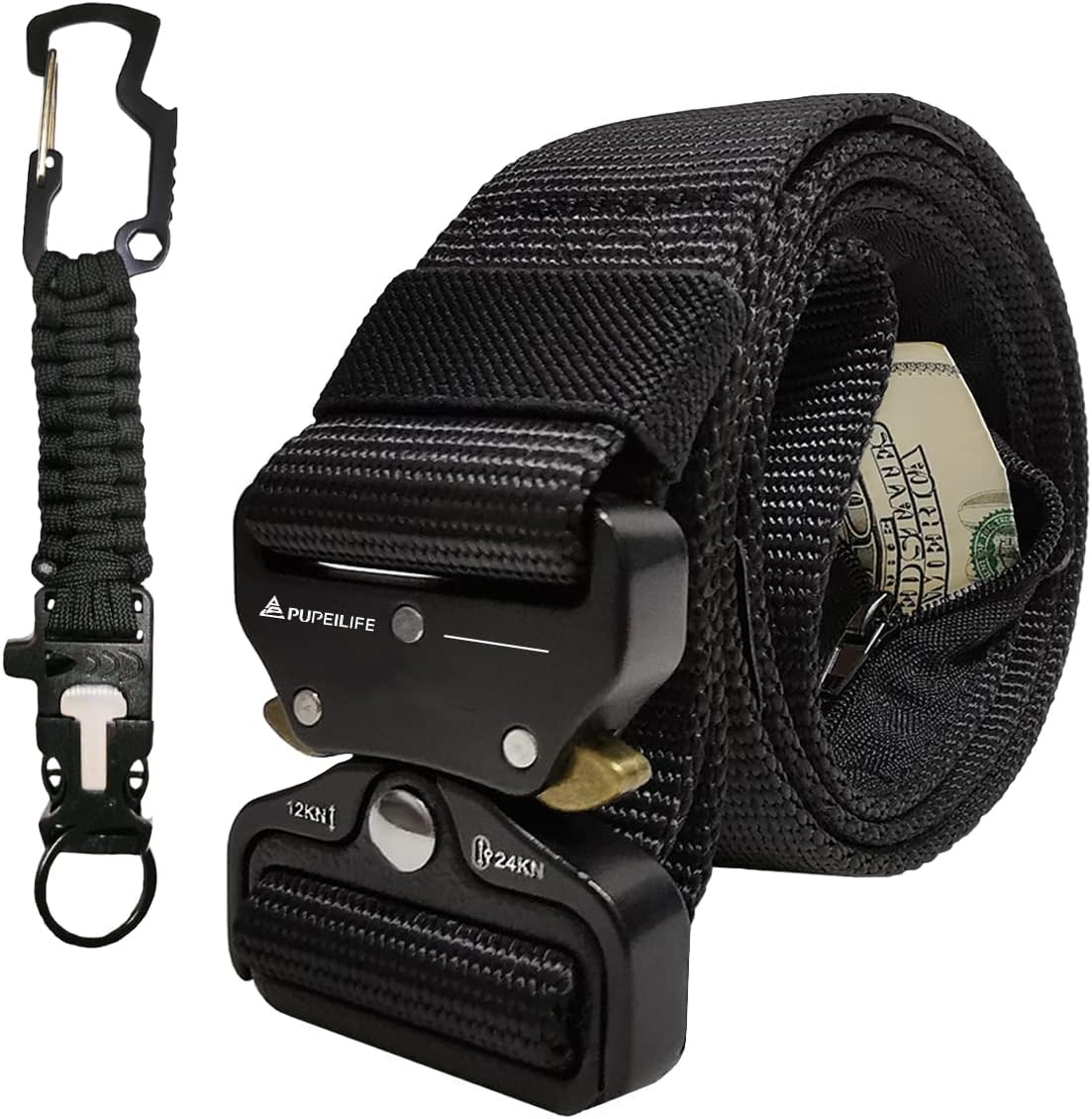 Tactical Style Travel Money Belts - Hidden Pocket Concealed Zipper Nylon Belt for Man Waist Below 42 Inches Included EDC Paracord Keychain 2 Items in Pack - Black