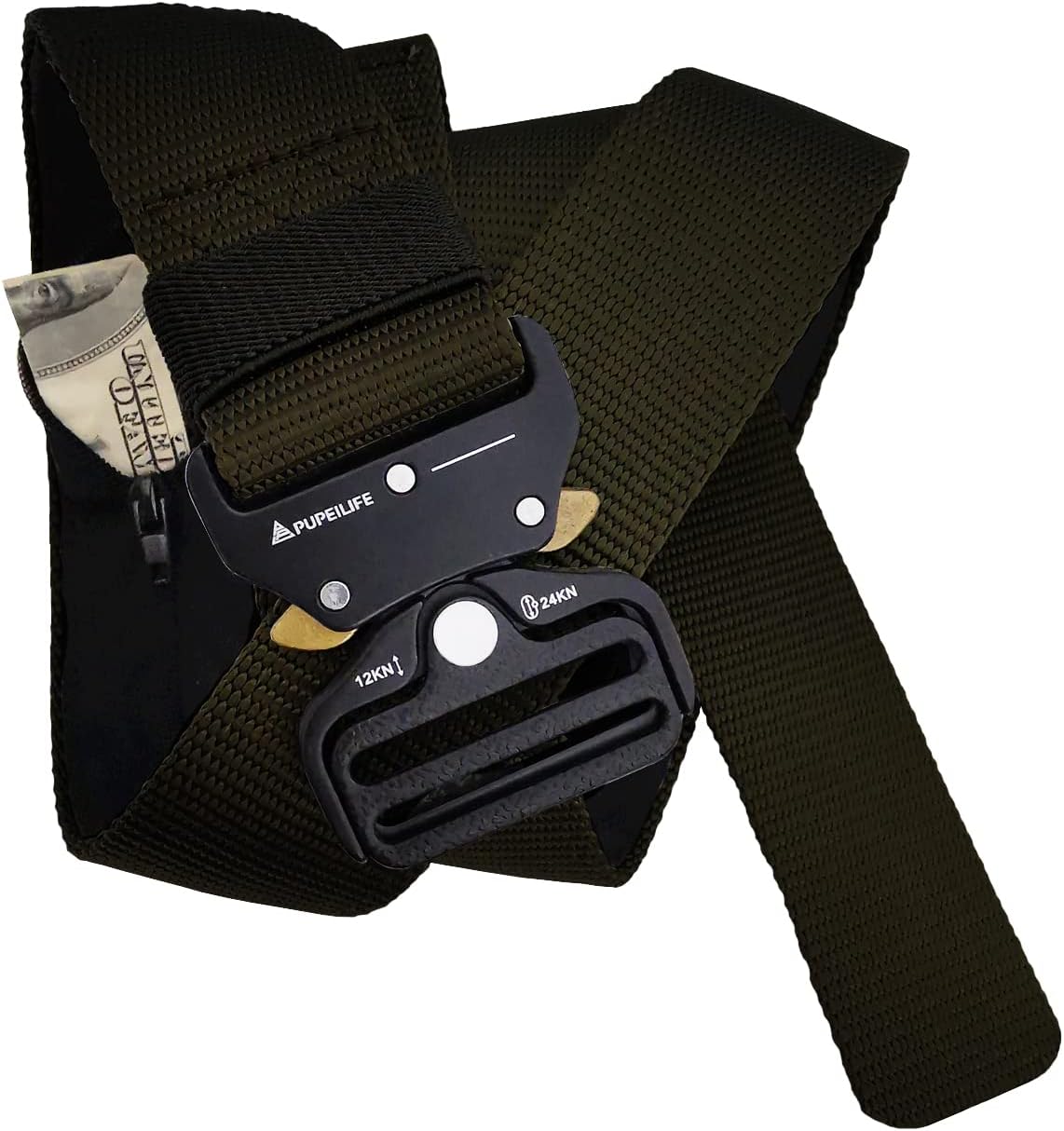 Tactical Style Travel Money Belts - Hidden Pocket Concealed Zipper Nylon Belt for Man Waist Below 42 Inches Included EDC Paracord Keychain 2 Items in Pack - Black
