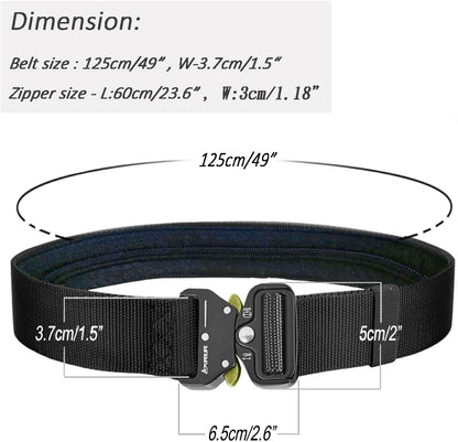 Tactical Style Travel Money Belts - Hidden Pocket Concealed Zipper Nylon Belt for Man Waist Below 42 Inches Included EDC Paracord Keychain 2 Items in Pack - Black