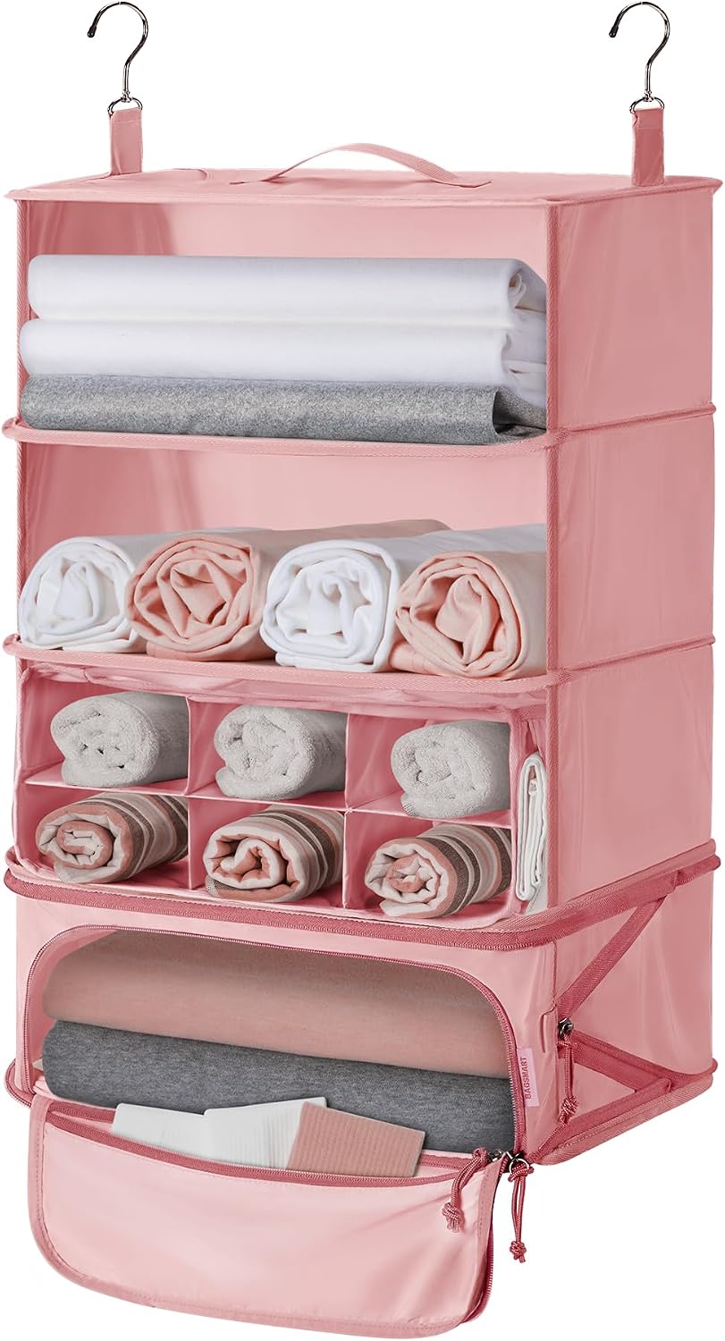 Hanging Packing Cubes for Travel, Hanging Shelves for Suitcases Organizers, Wet Dry Bags 5 Pack, Travel Bags Reusable for Swimsuits (Candy Pink)