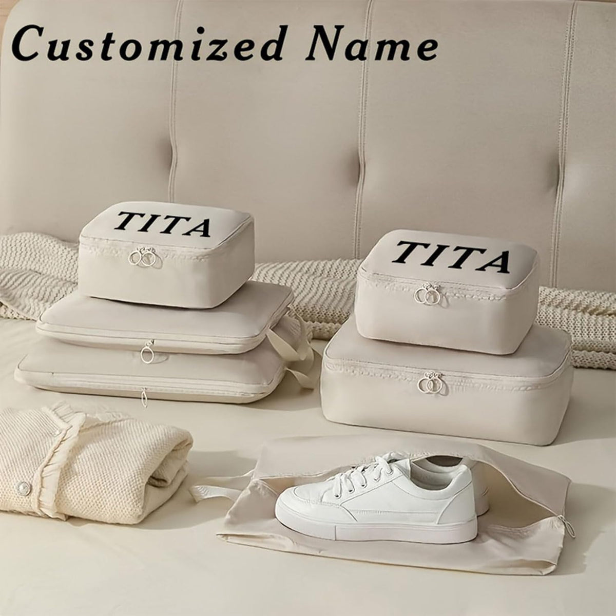 Personalized Packing Cubes Set of 6 with Custom Name, Travel Organizer Bags for Suitcase, Lightweight Luggage Storage Cubes for Clothes Shoes Toiletries, Travel Essentials