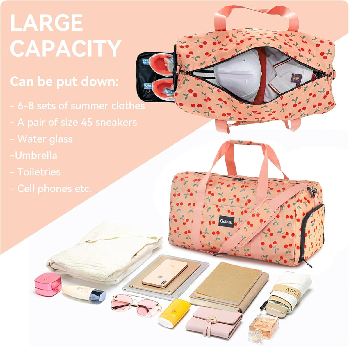 Goloni Cute Duffle Bag for Women, Gym Bag with Shoe Compartment, Lightweight Weekend Travel Duffel Bag,Overnight Bag with Wet Pocket