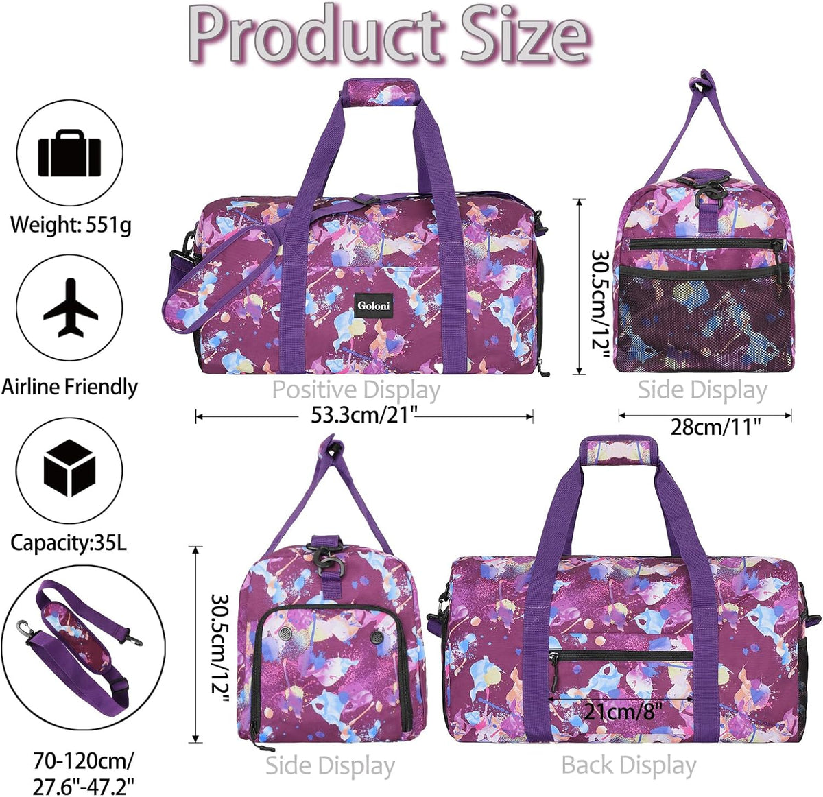 Goloni Cute Duffle Bag for Women, Gym Bag with Shoe Compartment, Lightweight Weekend Travel Duffel Bag,Overnight Bag with Wet Pocket