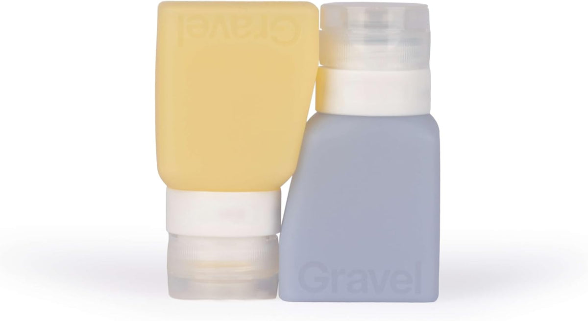 Silicone Travel Bottles for Toiletries 3oz (2-Pack) – Leakproof, BPA-Free, TSA Approved Travel Bottles with Label System for Shampoo, Conditioner, and Liquid Toiletries (Clear & Gray)