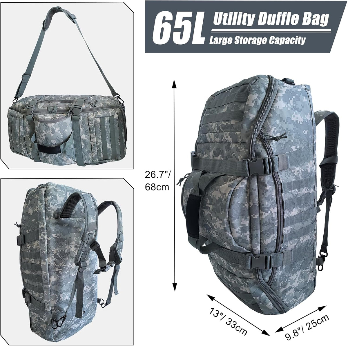 65L Large Duffle Bag, 3-in-1 Tactical Backpack MOLLE Pack for Sports, Gym, Outdoor, Black