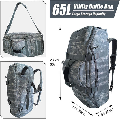 65L Large Duffle Bag, 3-in-1 Tactical Backpack MOLLE Pack for Sports, Gym, Outdoor, Black
