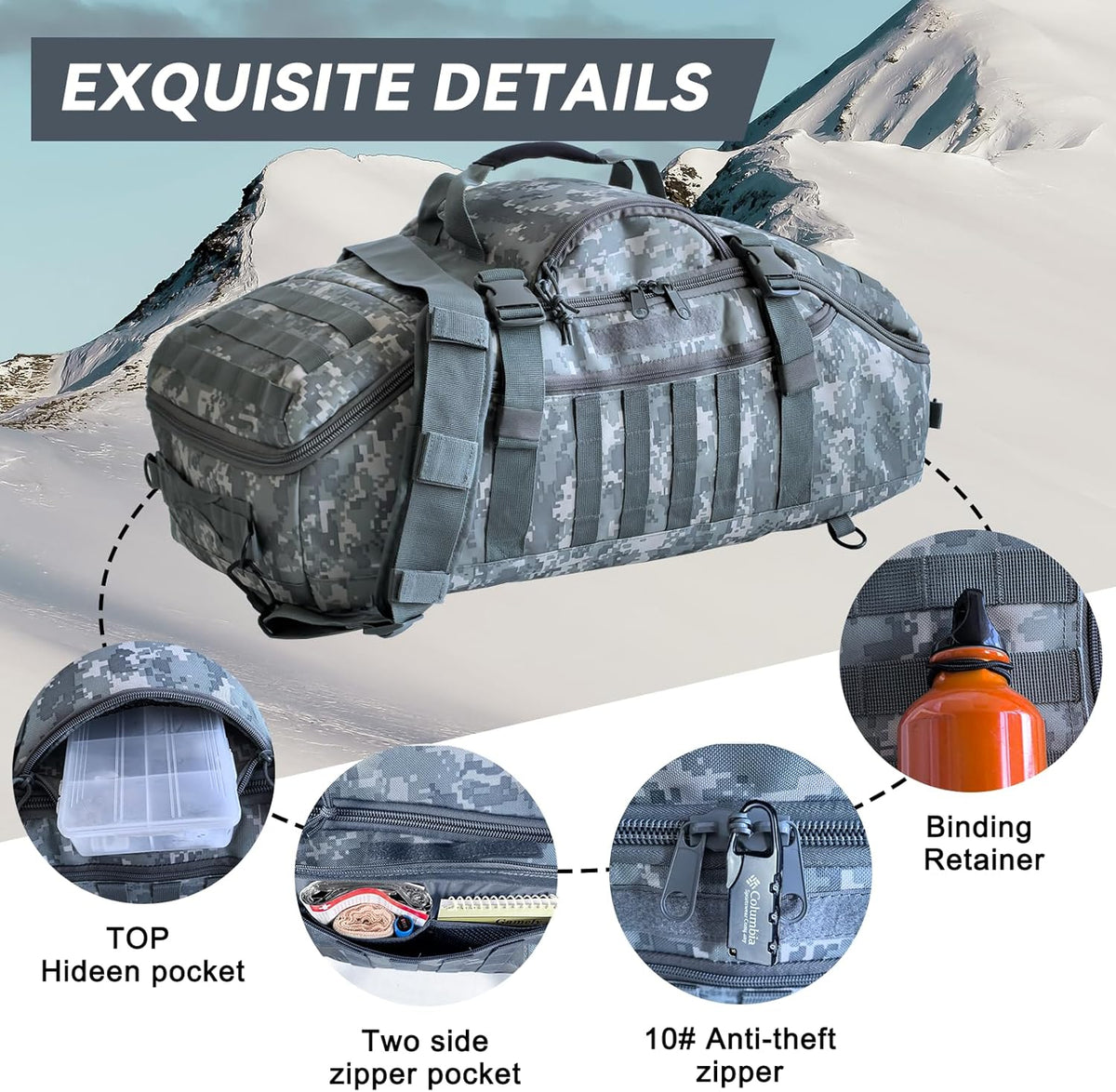 65L Large Duffle Bag, 3-in-1 Tactical Backpack MOLLE Pack for Sports, Gym, Outdoor, Black