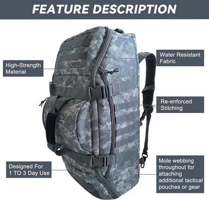 65L Large Duffle Bag, 3-in-1 Tactical Backpack MOLLE Pack for Sports, Gym, Outdoor, Black