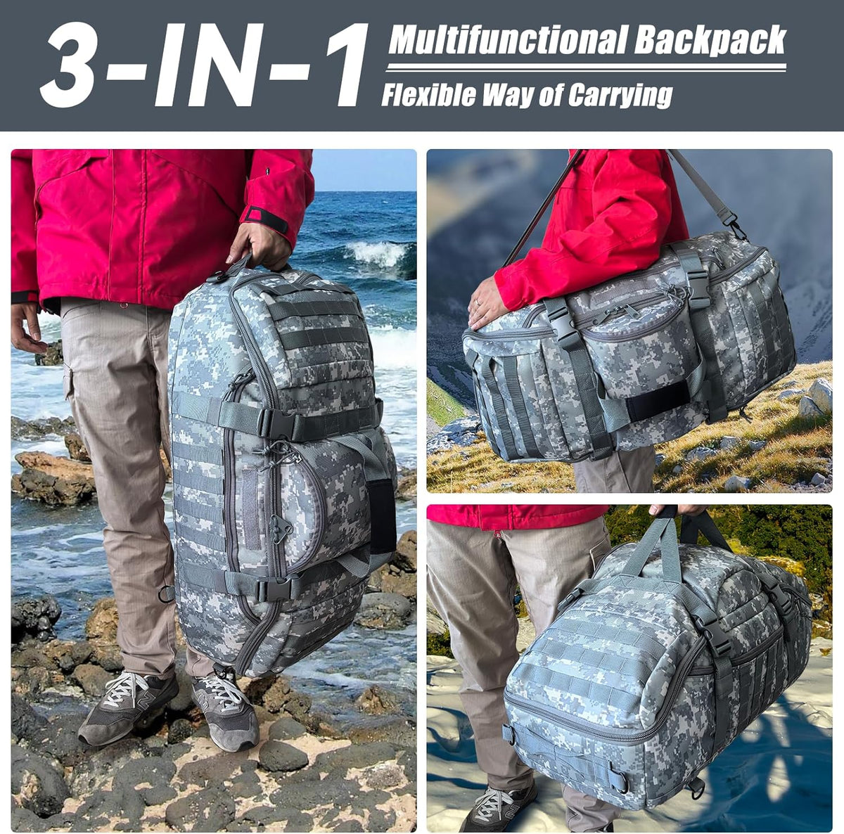 65L Large Duffle Bag, 3-in-1 Tactical Backpack MOLLE Pack for Sports, Gym, Outdoor, Black