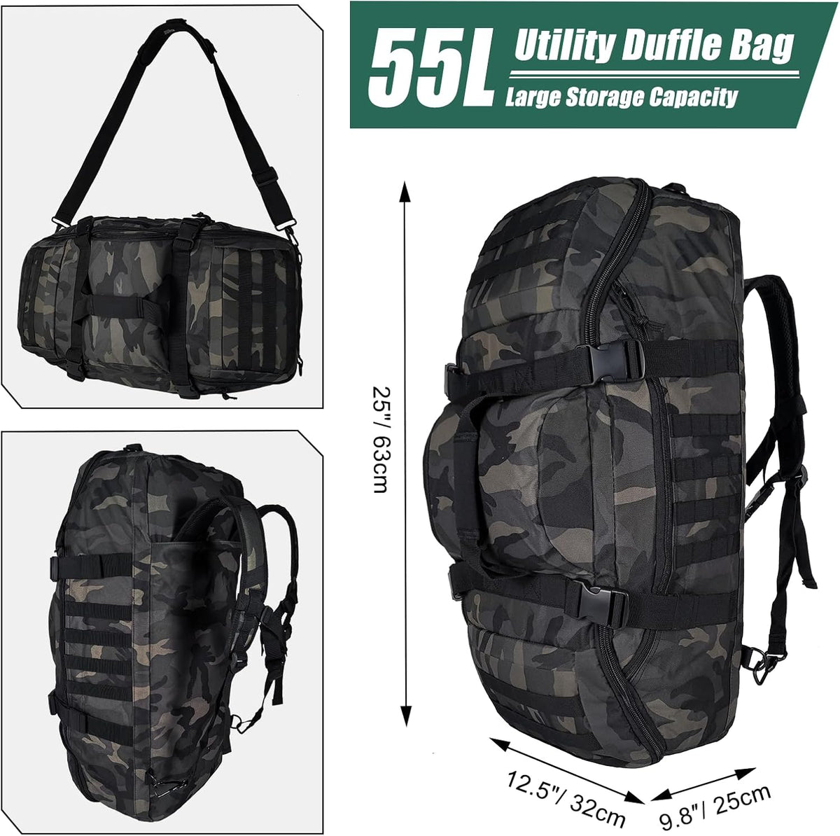 65L Large Duffle Bag, 3-in-1 Tactical Backpack MOLLE Pack for Sports, Gym, Outdoor, Black